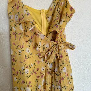 GB yellow dress with green/mauve, spagh strap, v-neck, wrap tie front, Small